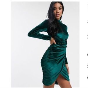 Boohoo High Neck Ruched Mini Dress in Green Velvet